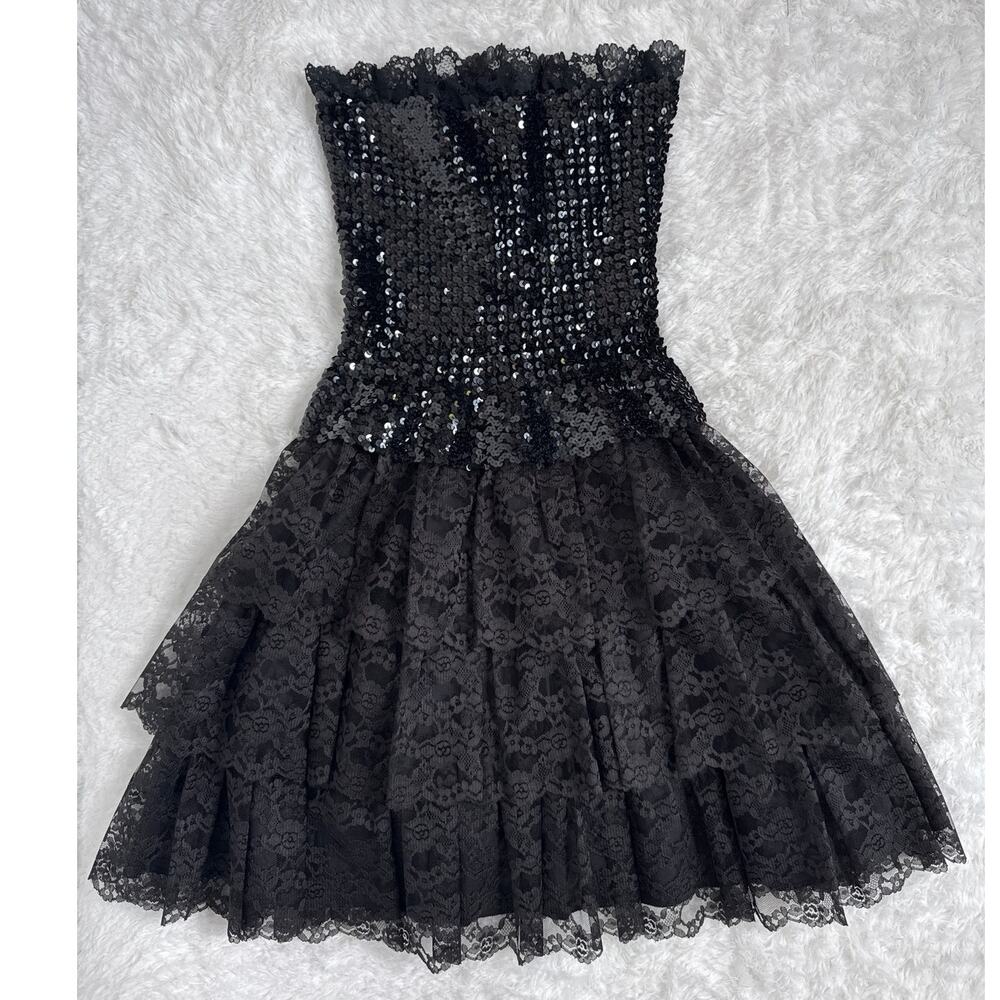 1980s Alfred Angelo Flirtations Black Sequin Lace Party Dress XS